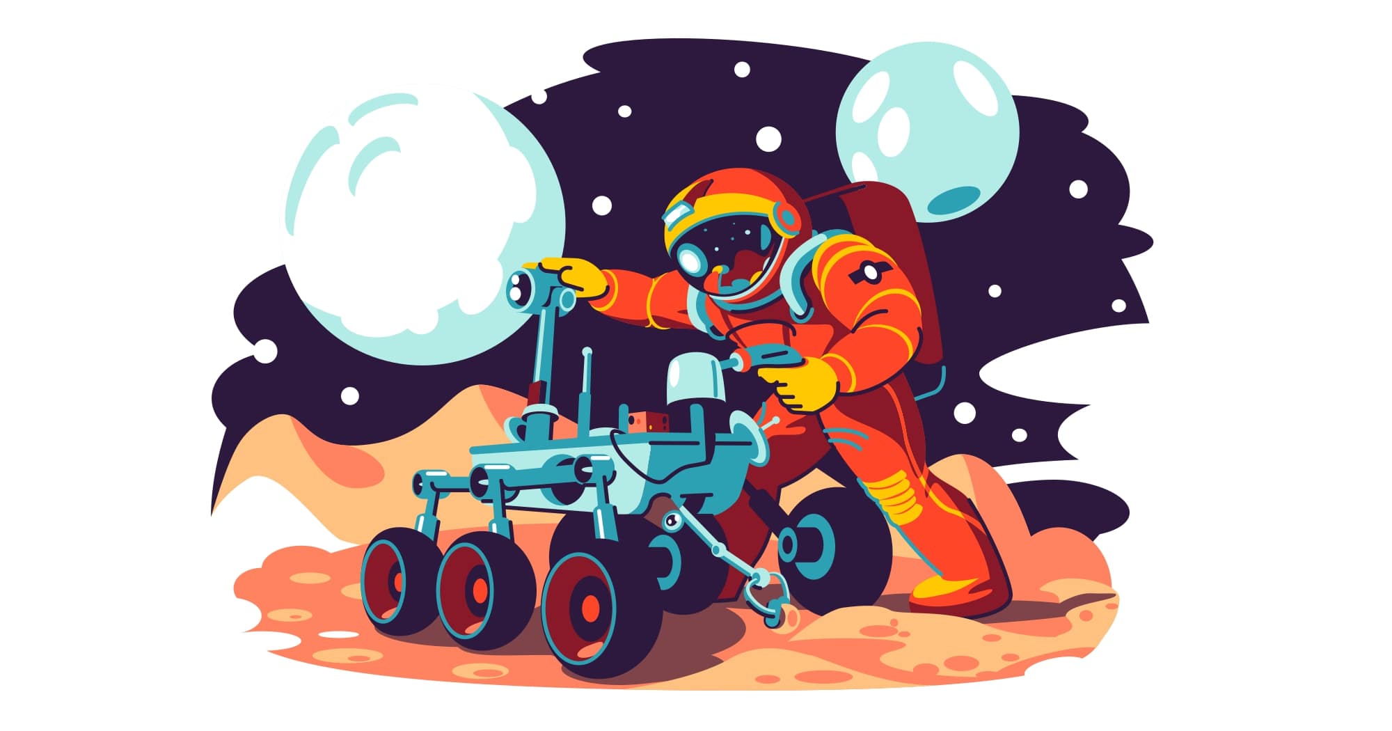 Illustration of an astronaut with a robot vehicle